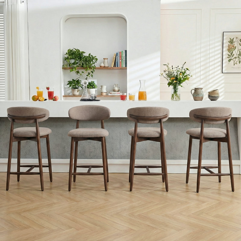 Upholstered Counter Height Bar Stool with Solid Wood legs, Camel, 4