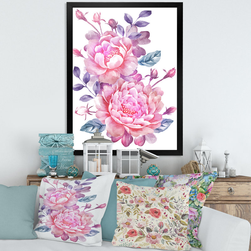 Fleurs roses rétro avec feuilles bleues - peinture sur toile, H 40 po x l 30 po x 1,5 po, Toile avec cadre noir