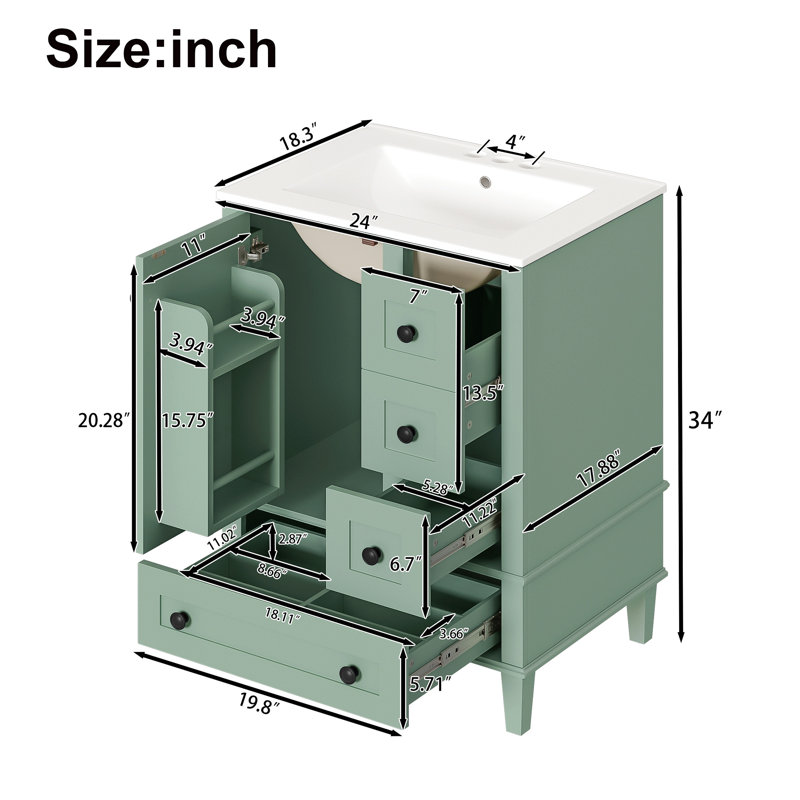 Meuble-lavabo de 24 pouces avec lavabo en céramique intégré, comprenant une tablette double couche montée sur la porte, des tiroirs à fermeture douce et une porte d'armoire à fermeture douce.