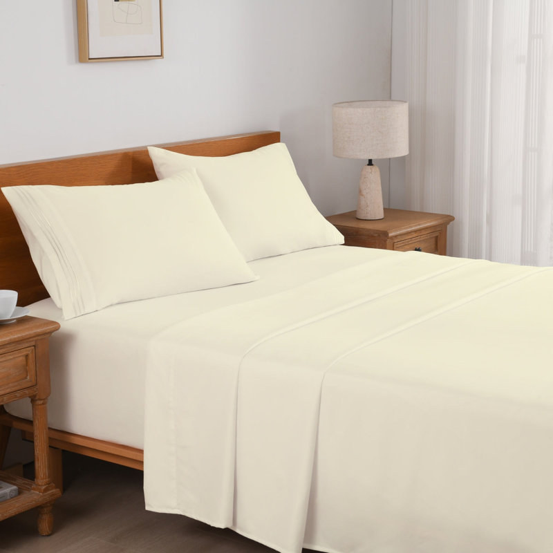 3/4 Pcs Soft Solid & Embroidery Bed Sheets Set, Cream, Queen