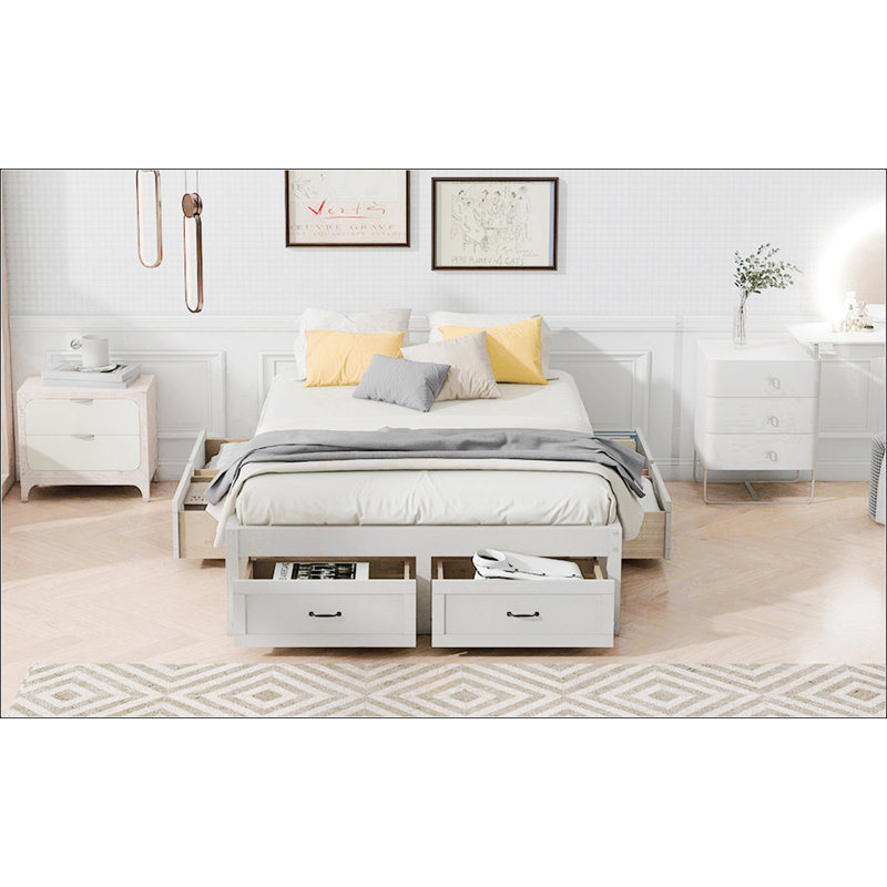 Lit plateforme double avec 6 tiroirs de rangement, Blanc antique, Double