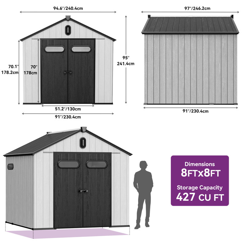 8 Ft. W x 10 Ft. D /8 Ft. W x 8 Ft. D Plastic Outdoor Storage Shed, 95" H x 91" W x 91" D