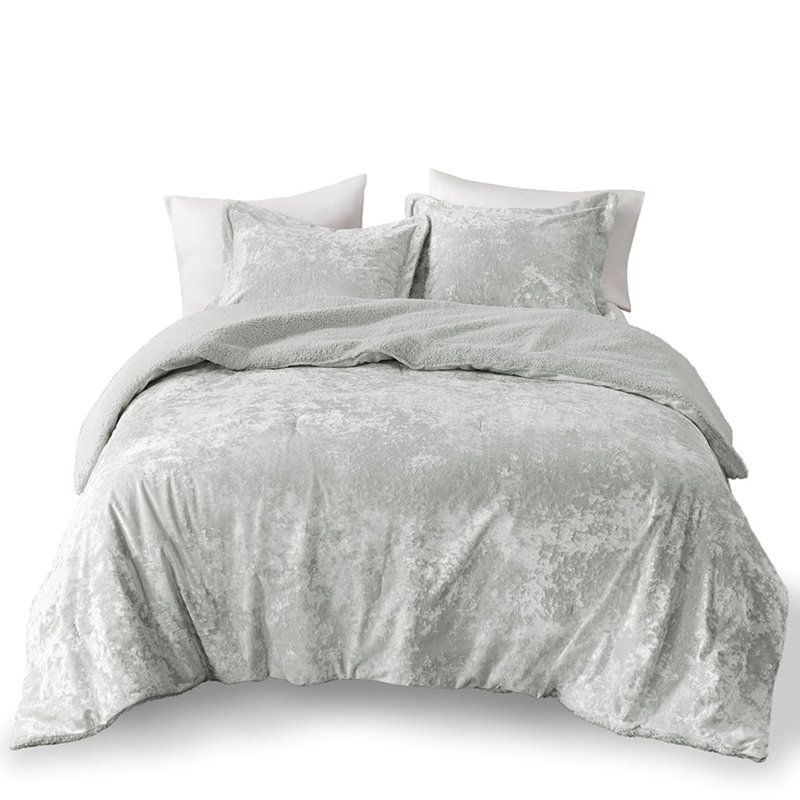 Ensemble d'édredon réversible en sherpa concassé, Gris, Édredon pour lit double et 2 pièces supplémenta