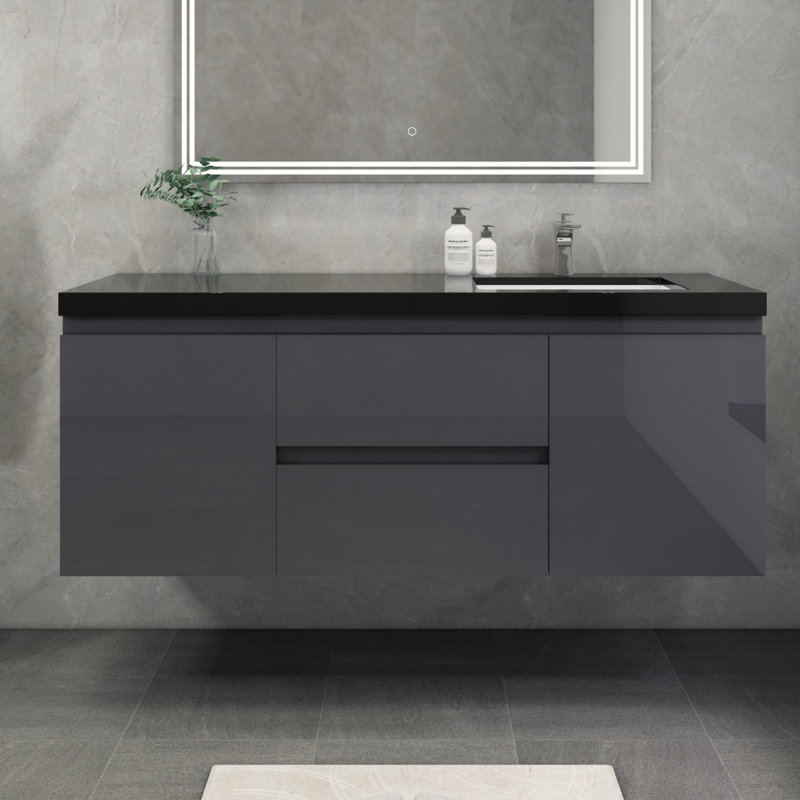 Castin 60" Wall-Mounted Single Right Sink Bathroom Vanity Set, Glossy Gray