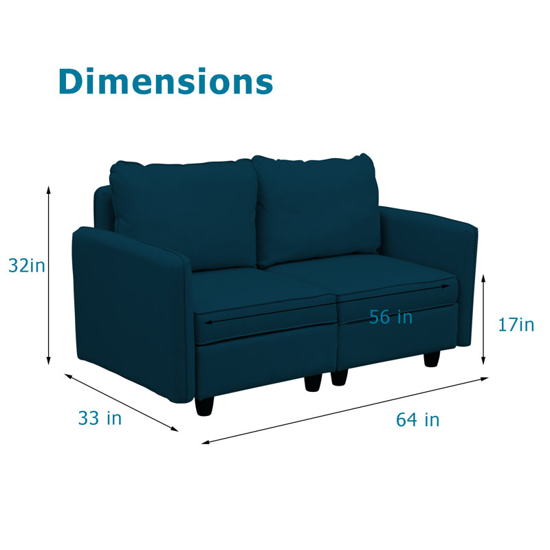 Causeuse modulaire à accoudoirs arrondis 64 po, Bleu