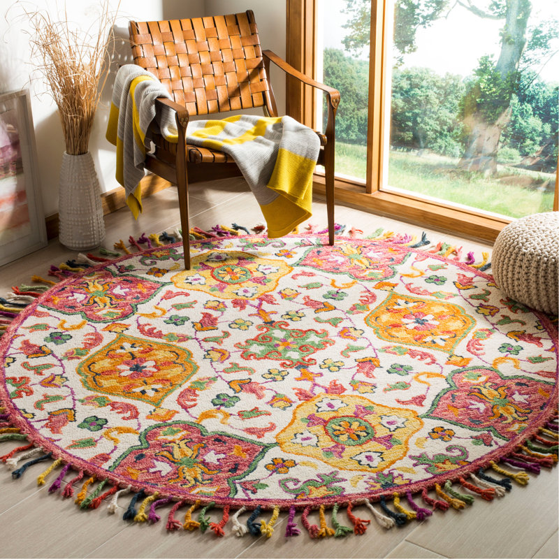 Jahiem Floral Handmade Tufted Wool Ivory Area Rug, Round 6'