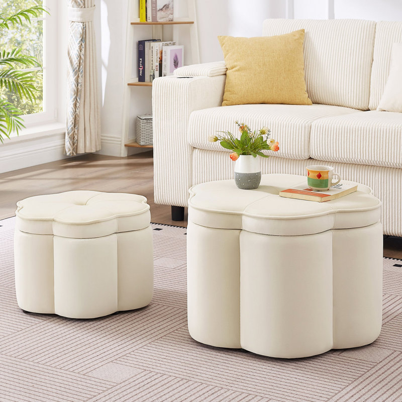 Ensemble de 2 repose-pieds avec rangement, repose-pieds capitonné en forme de fleur et repose-pieds en velours, Crème
