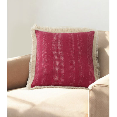 Coussin 18 "en coton rayé rose et ivoire avec frange