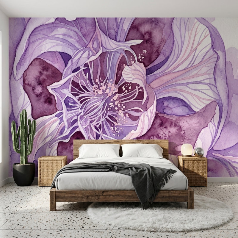 Papier peint mural aquarelle à fleurs violettes et botaniques, 180 po x 120 po, Non tissé