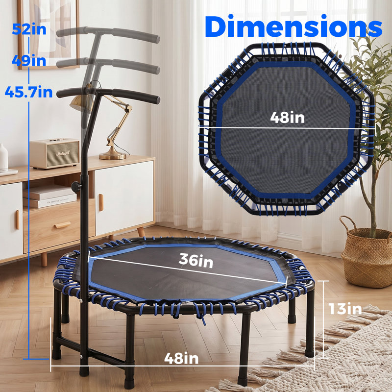Trampoline de forme physique pliable de 48 po avec guidon réglable, rebond à l'élastique silencieux, capacité de 330 lb pour l'entraînement cardio, la gymnastique à la maison et l'exercice à l'intérieur