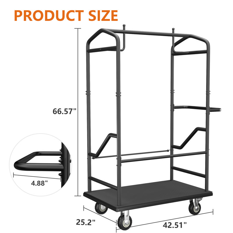 Chariot à bagages d'hôtel de 1 600 lb, chariot Bellman commercial avec roues silencieuses de 5 po, cadre en acier inoxydable brossé et plateforme en nylon pour les hôtels, les condos et les complexes hôteliers