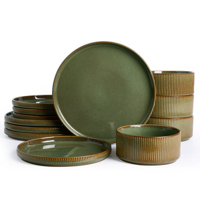 Star Series 12 Pieces Dinnerware Set, Moss & Cocoa