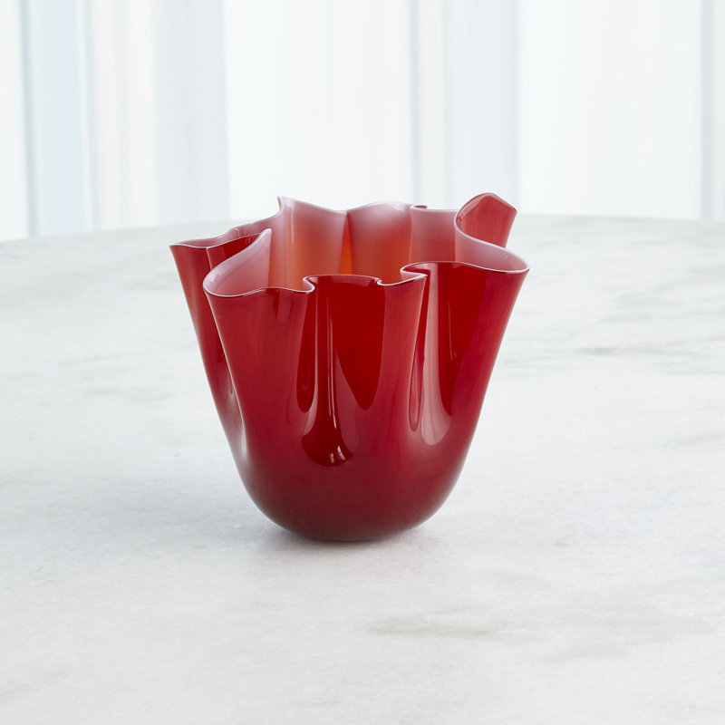Handkerchief Handmade Glass Table Vase, Deep Red, 7.5" H x 8.75" W x 8.75" D
