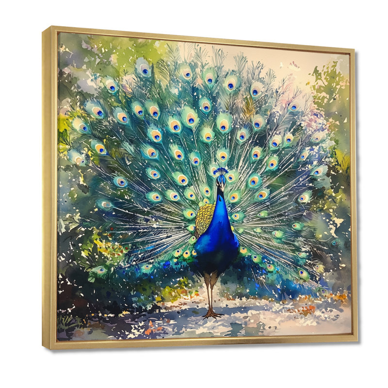 Hammack Peacock In Full Display III - bird Wall Art Decor, 36" H x 36" W, Floater Framed Print, Gold