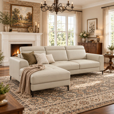Canapé modulaire en L en cuir véritable Ladonnia gris avec appuis-tête réglables, canapé en cuir avec méridienne orientée à gauche - style classique moderne