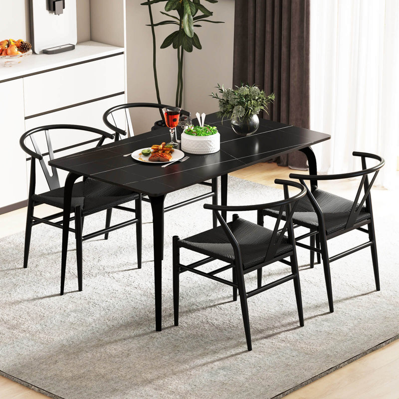 Modern Dining Chair Weave Kitchen Armchairs with Y-Shaped Curved Backrest, 4, Black