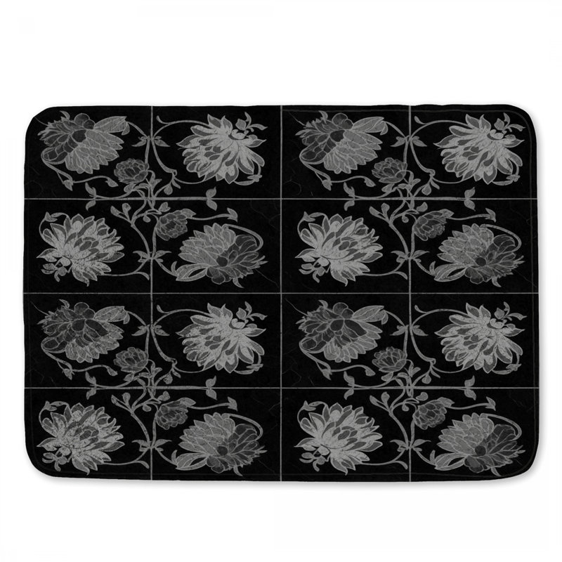 Tapis de bain noir à motif floral, L 34 po x L 21 po