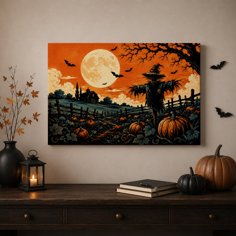 Tableau sur toile représentant un champ de citrouilles orange avec épouvantail et pleine lune pour l'Halloween, 28"H x 40"W