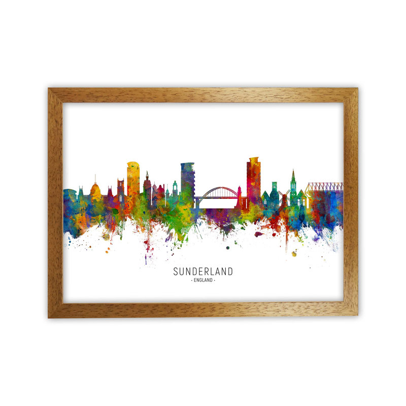 Sunderland England Skyline by Michael Tompsett - Print, 34cm H x 46cm W x 3cm D, Brown Framed