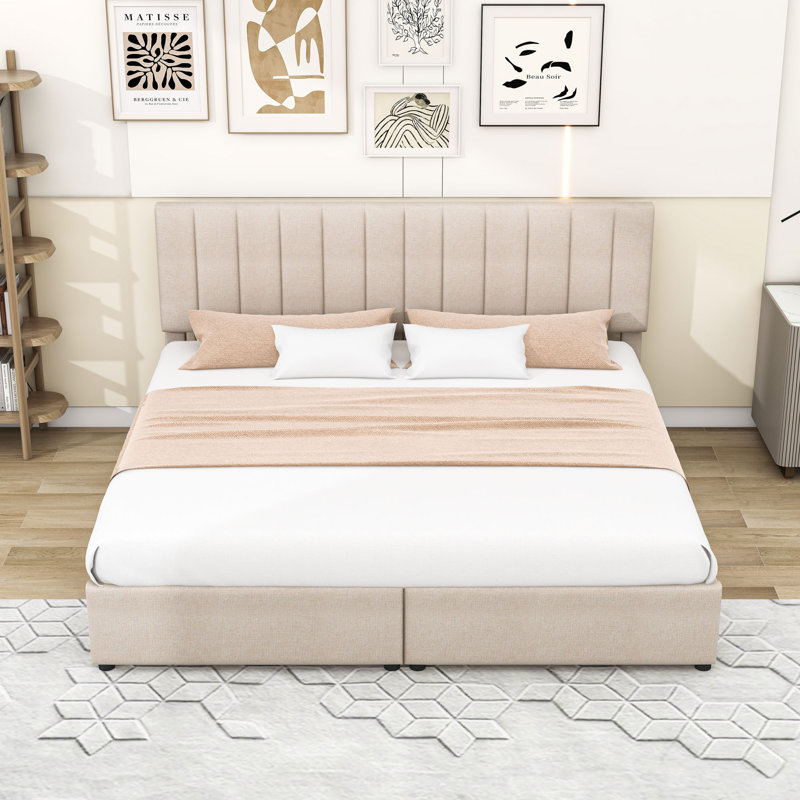 Très grand lit plateforme tapissier avec rangement hydraulique et tête de lit à hauteur réglable, Beige