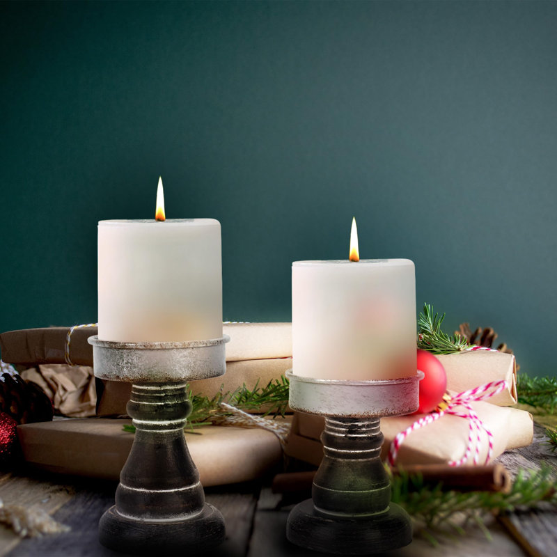 2 Pack Decorative Candle Holders Pedestal Rustic Wood with Galvanized Plate, Gray/Black