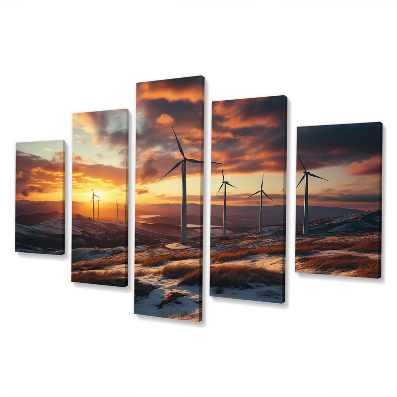 «Sunset Wind Turbines Mountain View V - Wind Turbines Multipanel Wall Art Decor Set