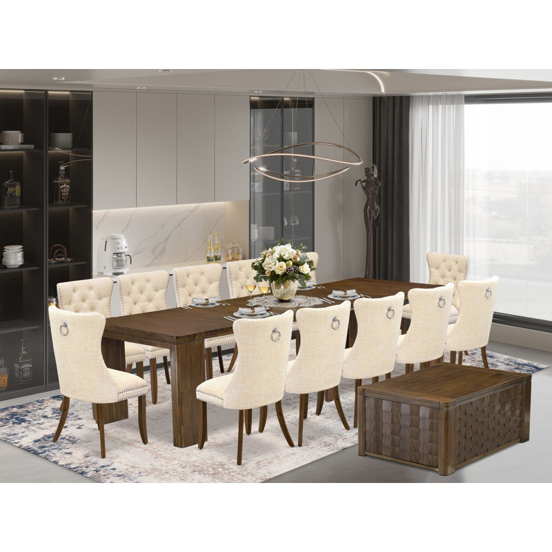 14 Pieces Extendable Dining Set Includes a Rectangle Xtenczar Table, 1 Coffee Table and 12 Light Beige Polyester Dining Chairs, Antique Walnut