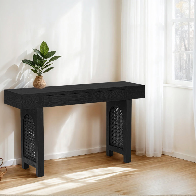 Rustic Narrow Console Table With Rattan Accent &2 Drawers, Entryway Table, Black