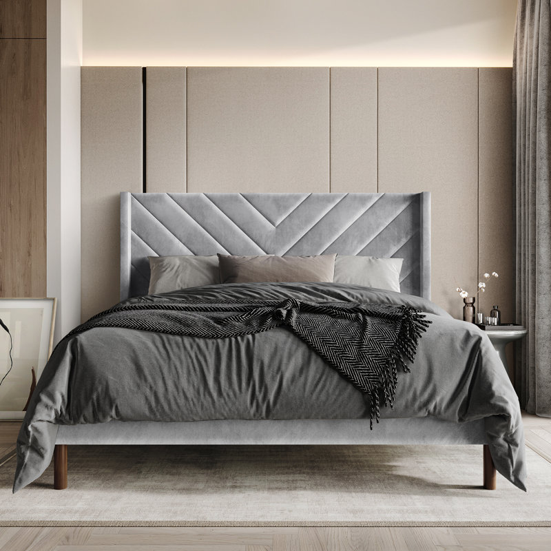 Velvet Upholstered Wingback Bed, Full, Silver Gray