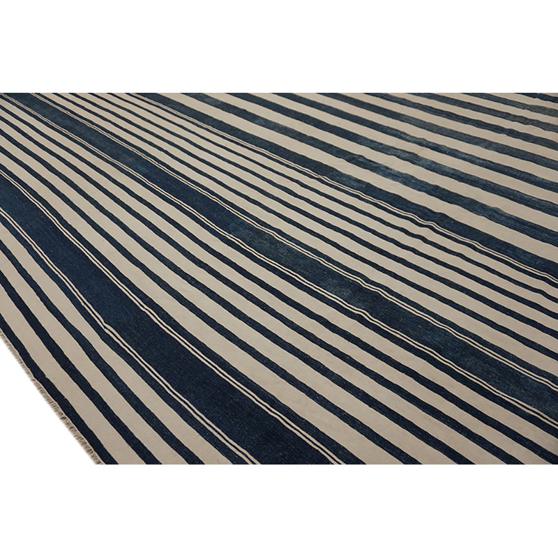 Tapis surdimensionné antique de couleur carrée et à rayures bleues en coton indien tissé à plat