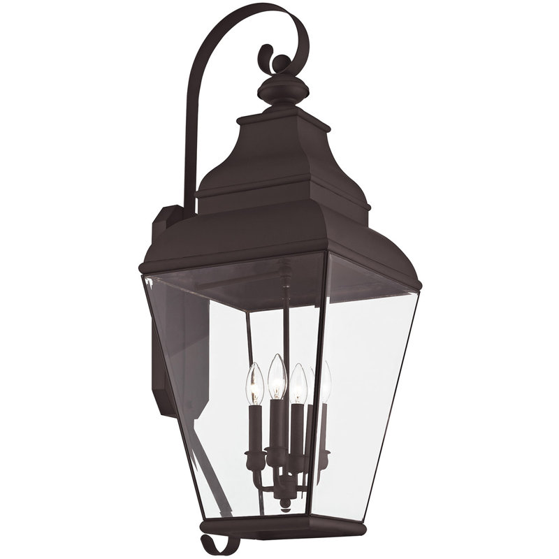 13.75in 4-Light Outdoor Wall Lantern Pendant with Clear Beveled Glass Shade: Fixture, Bronze