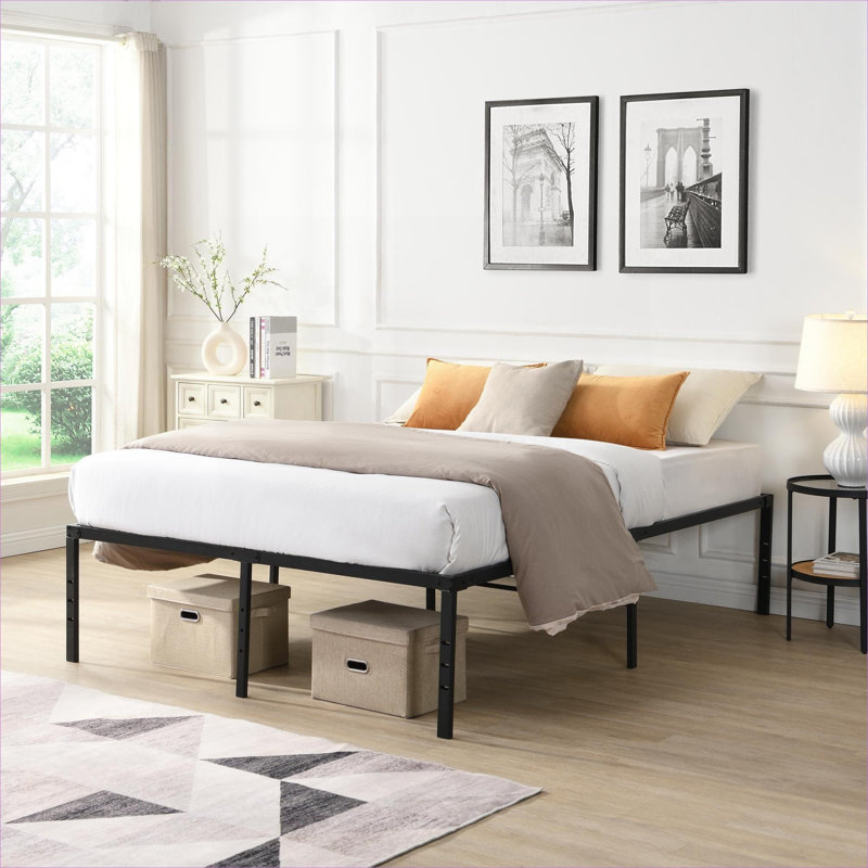 Jet black heavy duty metal queen size bed frame for bedroom, guest room and dorm use, solid noise-free construction with under-bed storage