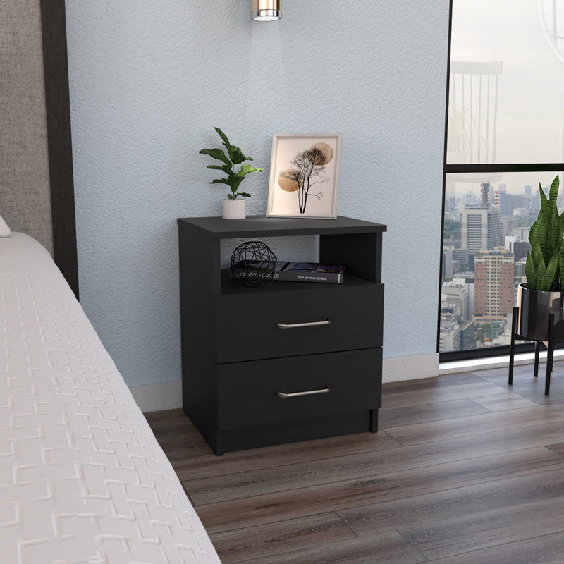 Table de chevet, table de bout, plateau supérieur, deux tiroirs, une tablette, Noir