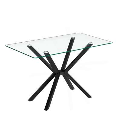 Table de salle à manger rectangulaire en verre trempé transparent, conception élégante avec pieds en métal, table de cuisine pour la salle à manger