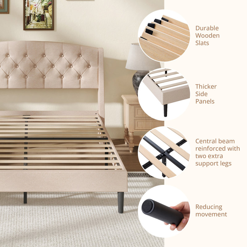 Upholstered Platform Bed With Wingback Headboard，wood & Metal Frame, Underbed Storage, Queen, Beige