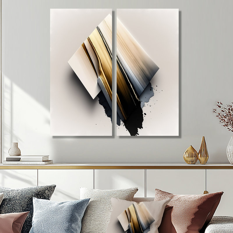«Black and Gold Cubic Expression III - Gold», reproductions d'art moderne sur toile 2 pièces, H 40 po x l 40 po, Toile tendue