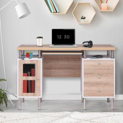 Bureau d'écriture Armany Home Office avec armoire de rangement, 3 tiroirs spacieux, plateau à clavier et station de charge électrique