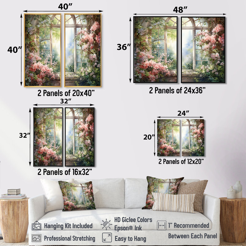 «Pink Blossoming Country Window Gaze II», art floral mural 2 pièces, H 20 po x l 24 po, Impression encadrée flottante, Noir