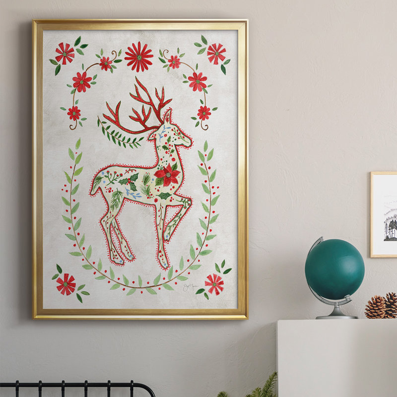 Christmas Folk Reindeer, reproduction d'art encadrée, Doré, H 42 po x l 30,5 po x P 1 po