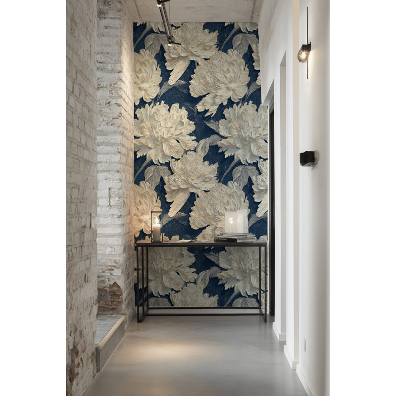 Papier peint floral avec pivoines et adhésif mural bleu marine