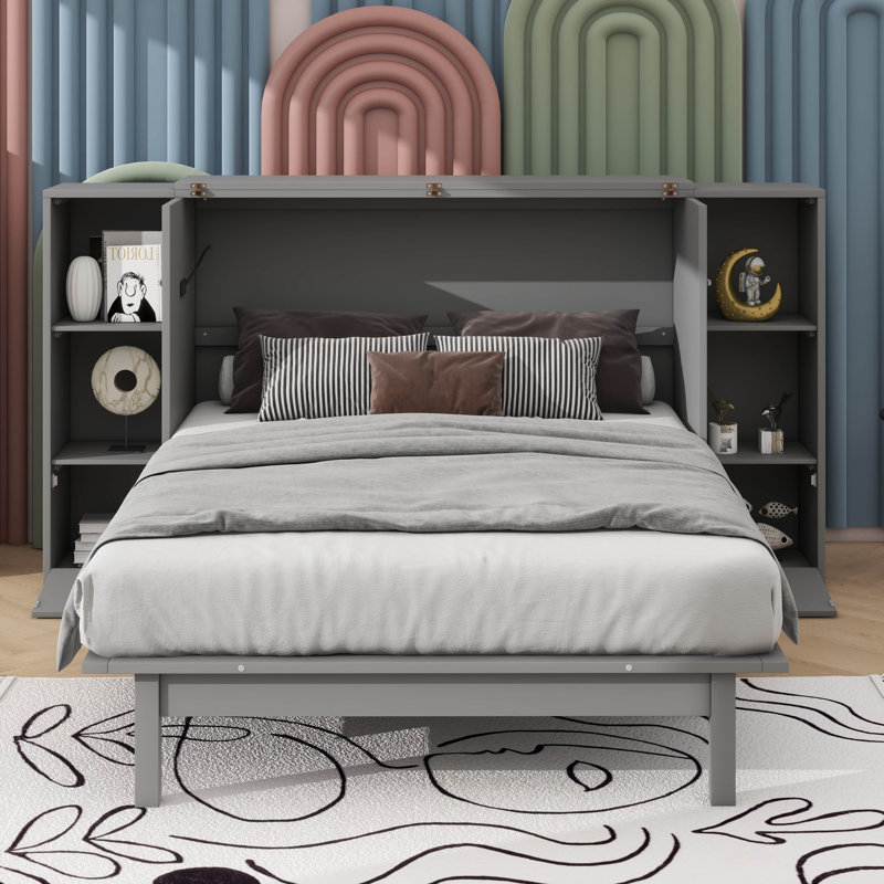 Lit escamotable spacieux avec tablettes et tiroirs et ports USB, Gris