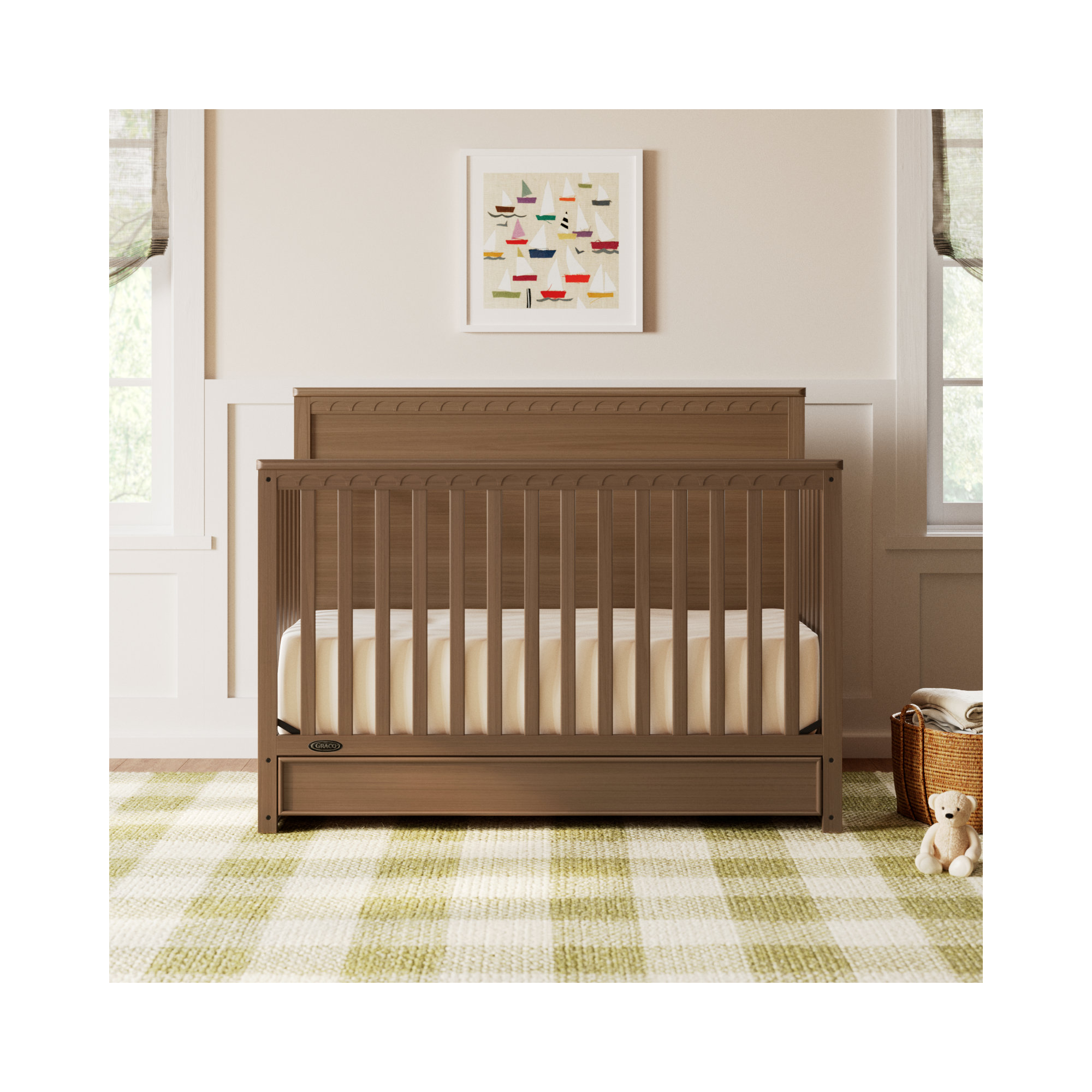 Sasha 5-In-1 Convertible Crib With Drawer, Hazelnut