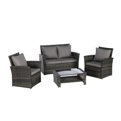 4Pcs Outdoor Garden Furniture : Chair With Breathable Cushions & Glass Coffee Table 4 Pieces Sun- Tempered