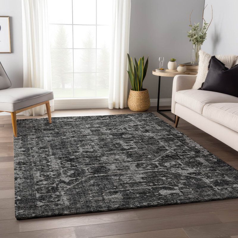 Premium Machine Washable Kelsa AMF41 Black Rug, Rectangle 9' x 12'