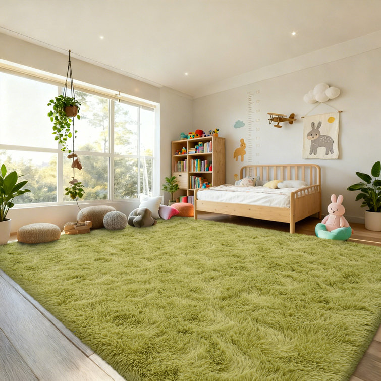 Grass Green Area Rug for Bedroom, Fluffy Shag Rug for Kids Play Room, Non-Slip Carpet for Nursery Living Room Dorm Office