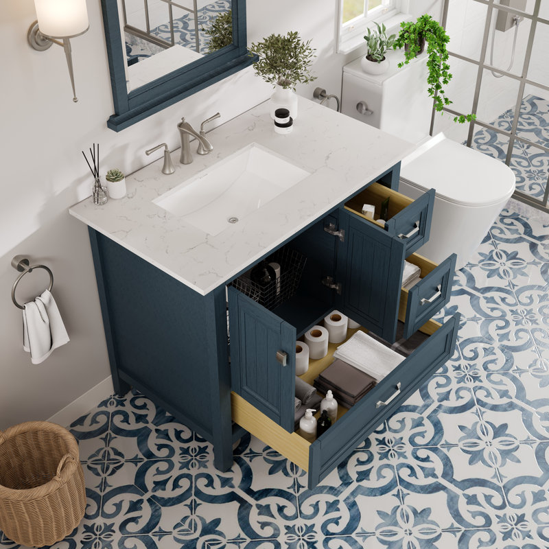 Meuble-lavabo en porcelaine encastrable l 36 po x P 22 po Glebs, Quartz - blanc de Carrare, Bleu cendré