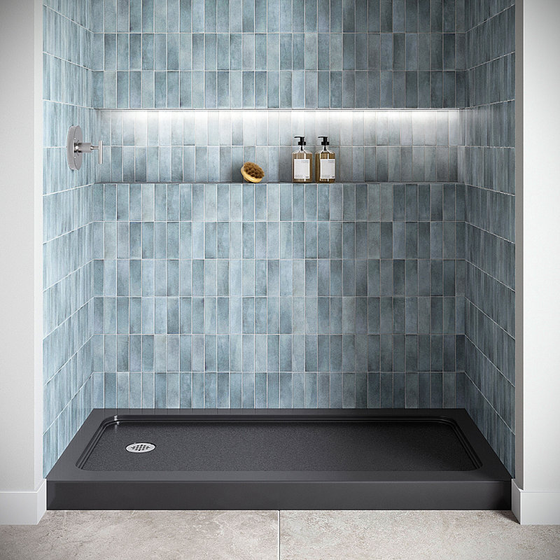 Base de douche 60 po x 32 po Alcove en acrylique noir brillant avec drain à gauche, drain inclus, Noir lustré