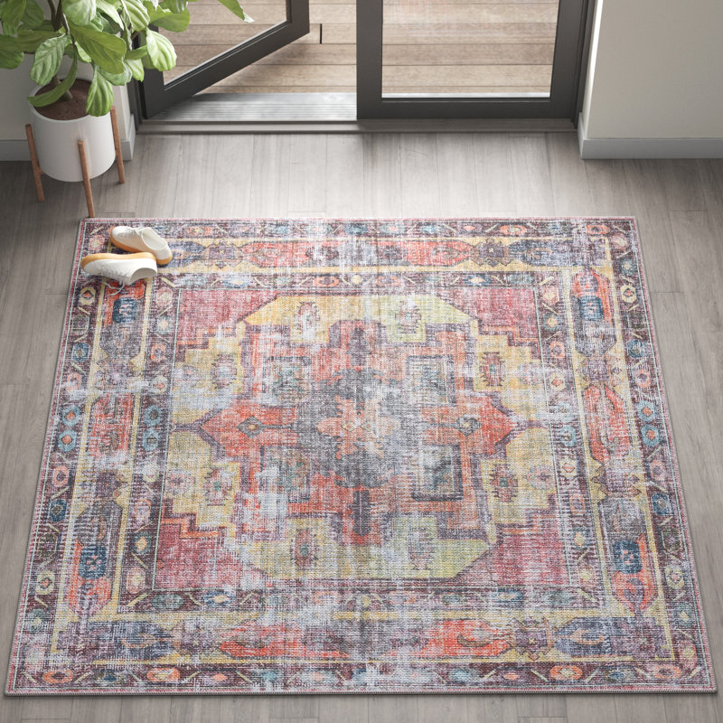 Heffron Performance Yellow/Pink Machine Washable Rug, Square 5'3"