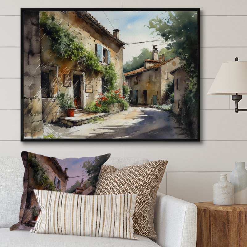 «Richaraj Mediterranean Village Street VI», reproduction sur toile, H 24 po x l 32 po x P 1 po, Cadre flottant noir