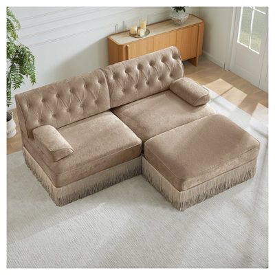 Canapé modulaire en forme de L en velours avec jupe à pampilles Chesterfield